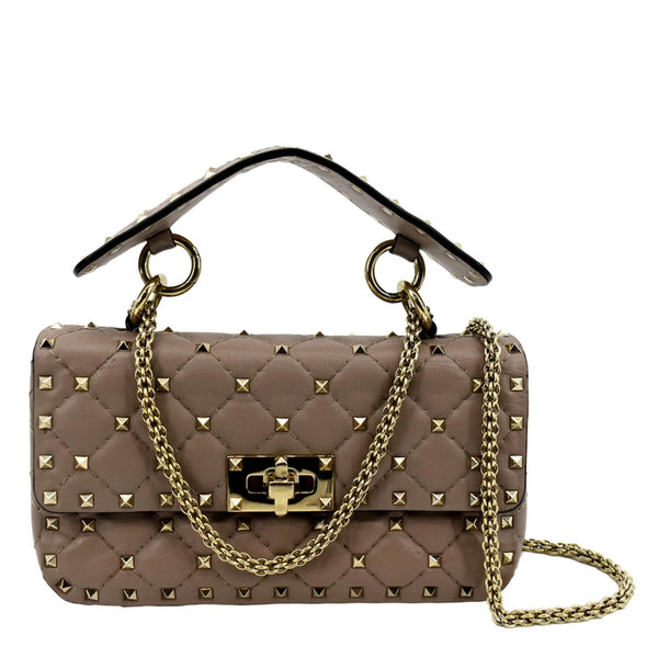 VALENTINO Rockstud Spike Quilted Leather Top Handle Crossbody Bag Poudre