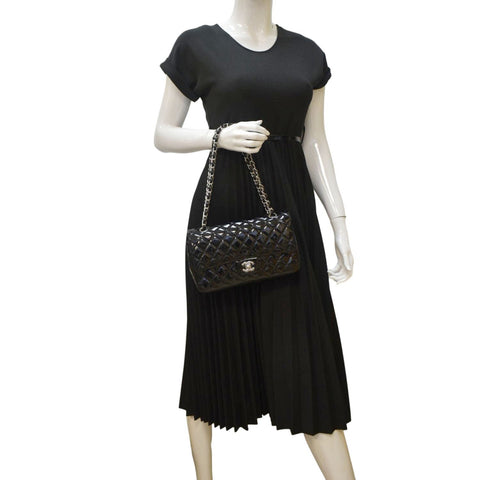 CHANEL Classic Medium Double Flap Patent Leather Shoulder Bag Black