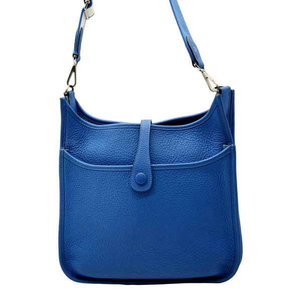 HERMES Evelyne GM Taurillon Clemence Crossbody Bag Blue.