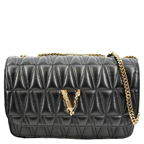 VERSACE Virtus Flap Lambskin Leather Crossbody Bag Black