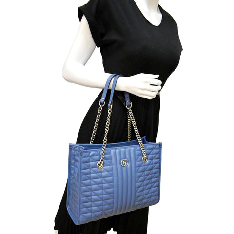 GUCCI GG Marmont Medium Metelasse Leather Tote Shoulder Bag Blue 675796