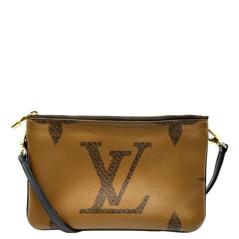 LOUIS VUITTON Double Zip Pochette Reverse Monogram Giant Crossbody Bag Brown