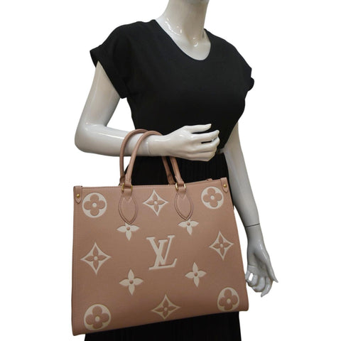 LOUIS VUITTON Onthego MM Giant Monogram Empreinte Leather Tote Shoulder Bag Rose Trianon