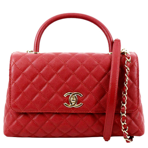 CHANEL Medium Coco Quilted Caviar Leather Top Handle Shoulder Bag Red
