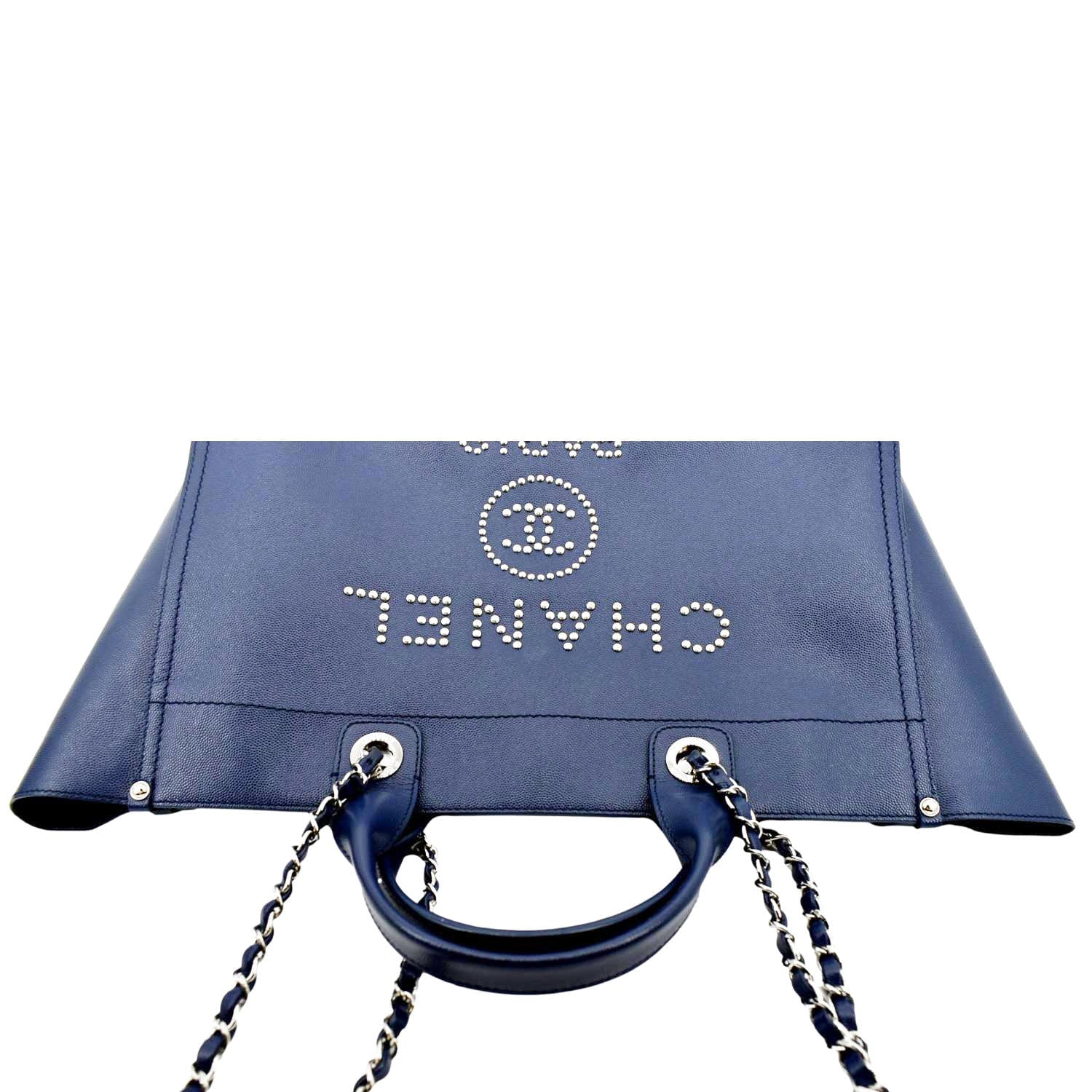 CHANEL Deauville Studded Caviar Tote Shoulder Bag Blue