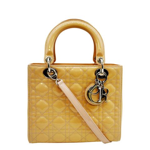 CHRISTIAN DIOR Medium Lady Dior Cannage Lambskin Leather Shoulder Bag Yellow
