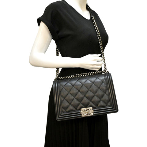 CHANEL Wild Stitch Boy Quilted Lambskin Leather Shoulder Bag Black