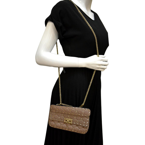 VALENTINO Rockstud Spike Quilted Leather Top Handle Crossbody Bag Poudre