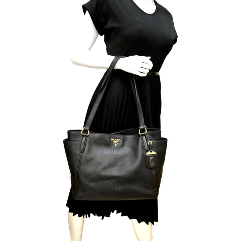 PRADA Vitello Daino Side-Pocket Leather Tote Shoulder Bag Black