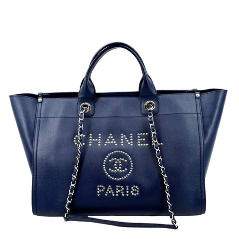 CHANEL Deauville Studded Caviar Tote Shoulder Bag Blue