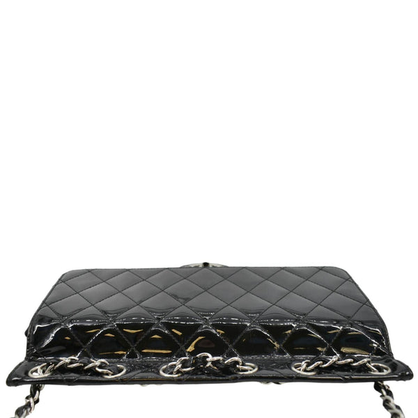 CHANEL Through Flap Quilted Patent Leather Shoulder Bag Black