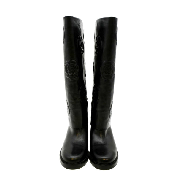 CHANEL Camellia Leather Boot Black Size 39.5
