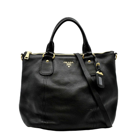 PRADA Vitello Daino Large leather Tote Shoulder Bag Black