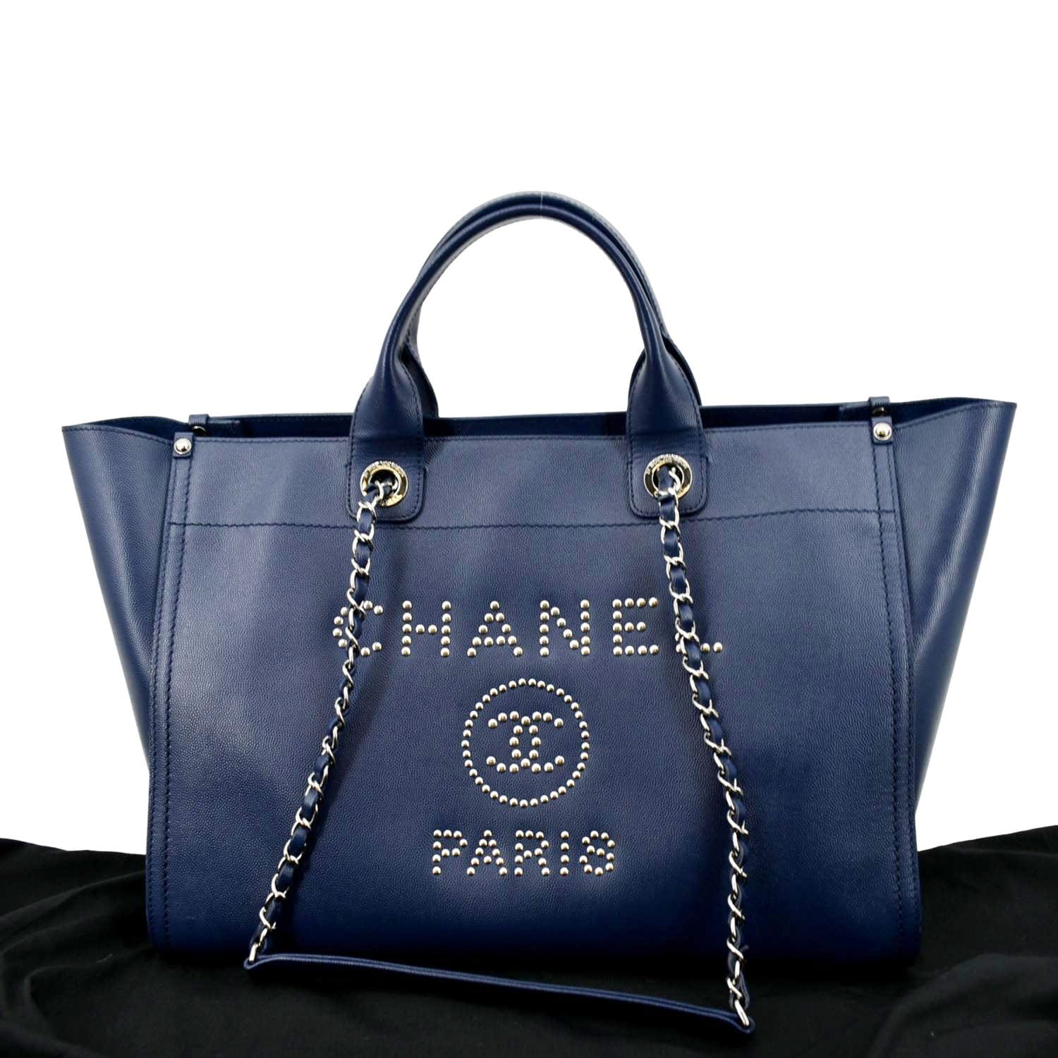 CHANEL Deauville Studded Caviar Tote Shoulder Bag Blue