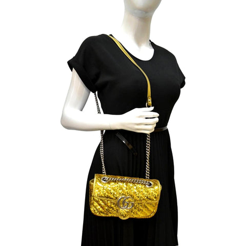 Gucci GG Mini Marmont Sequin Shoulder Bag Gold - Full View