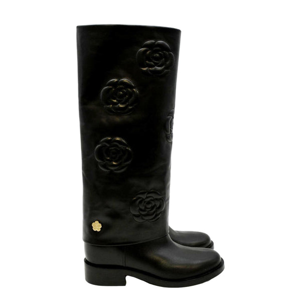 CHANEL Camellia Leather Boot Black Size 39.5