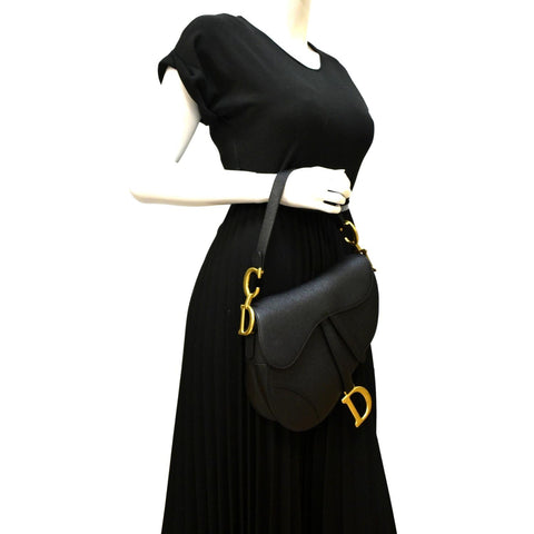 CHRISTIAN DIOR Saddle Grained Calfskin Leather Satchel Shoulder Bag Black