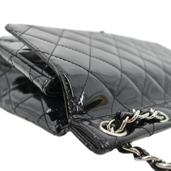 CHANEL Through Flap Quilted Patent Leather Shoulder Bag Black