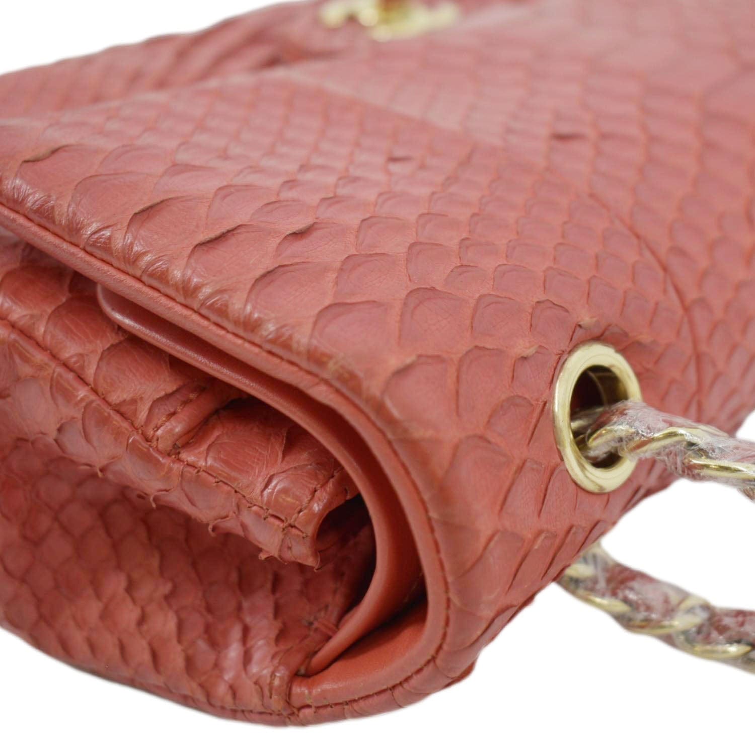 CHANEL Classic Medium Double Flap Python Leather Shoulder Bag Red