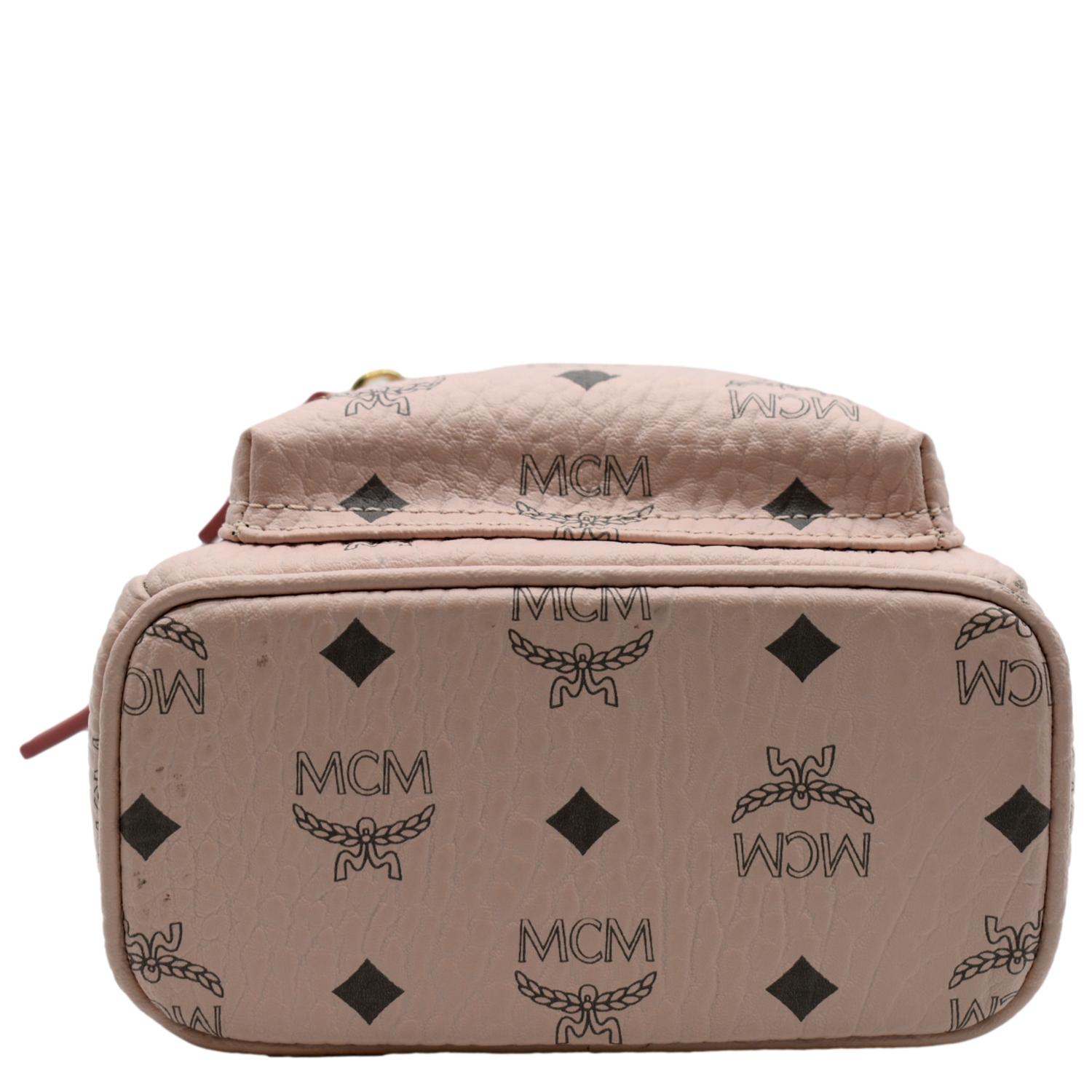 bebe margeaux mini backpack MCM Stark Bebe Boo Studded Mini Visetos Logo Leather Backpack Bag Pink