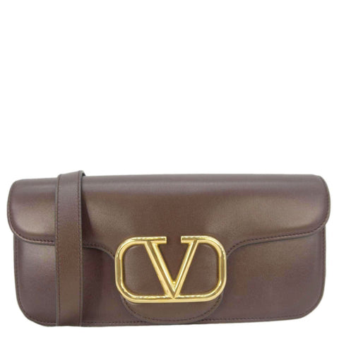 VALENTINO Loco V Logo Leather Messenger Bag Brown