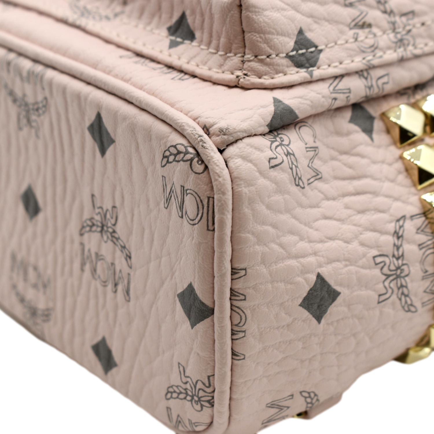 bebe margeaux mini backpack MCM Stark Bebe Boo Studded Mini Visetos Logo Leather Backpack Bag Pink