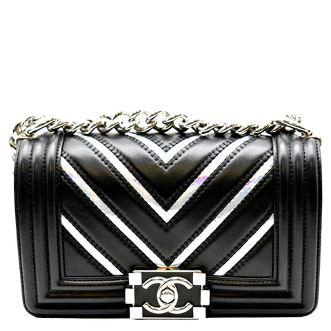 CHANEL Boy Chevron Leather Holographic PVC Crossbody Bag Black