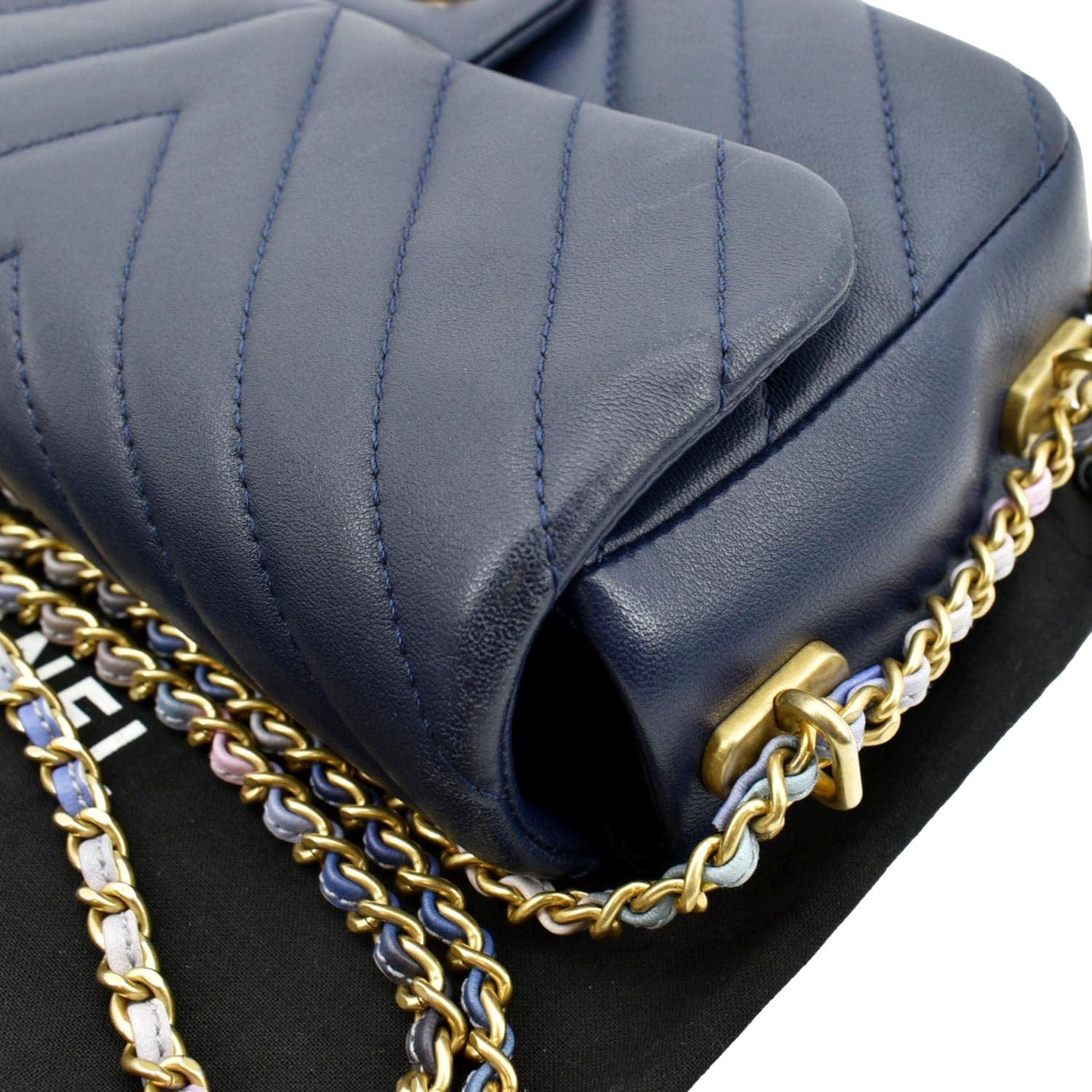 Chanel Mini Rectangular Flap Chevron Leather Crossbody Bag Navy Blue