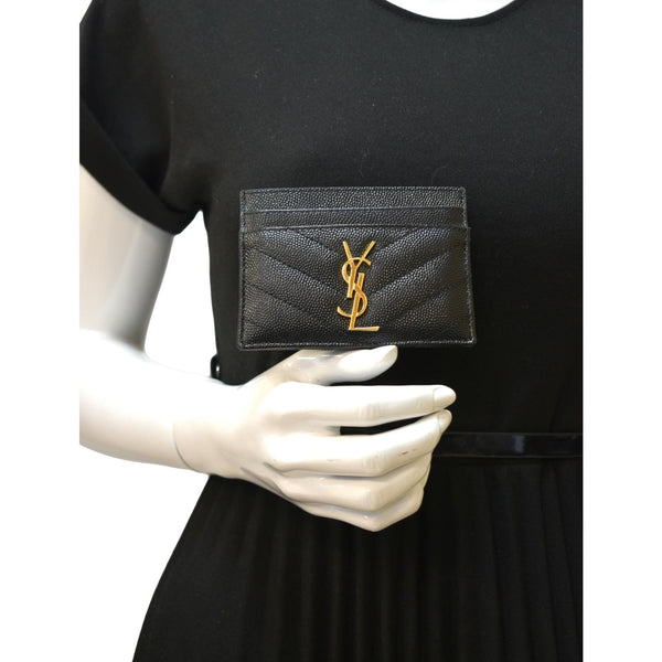 YVES SAINT LAURENT Cassandre Monogram Grain De Poudre Leather Card Holder Black