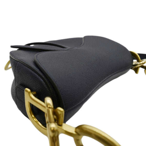 CHRISTIAN DIOR Saddle Grained Calfskin Leather Satchel Shoulder Bag Navy Blue