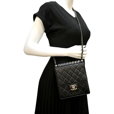 CHANEL Chic Pearls Flap Quilted Calfskin Leather Shoulder Bag Black