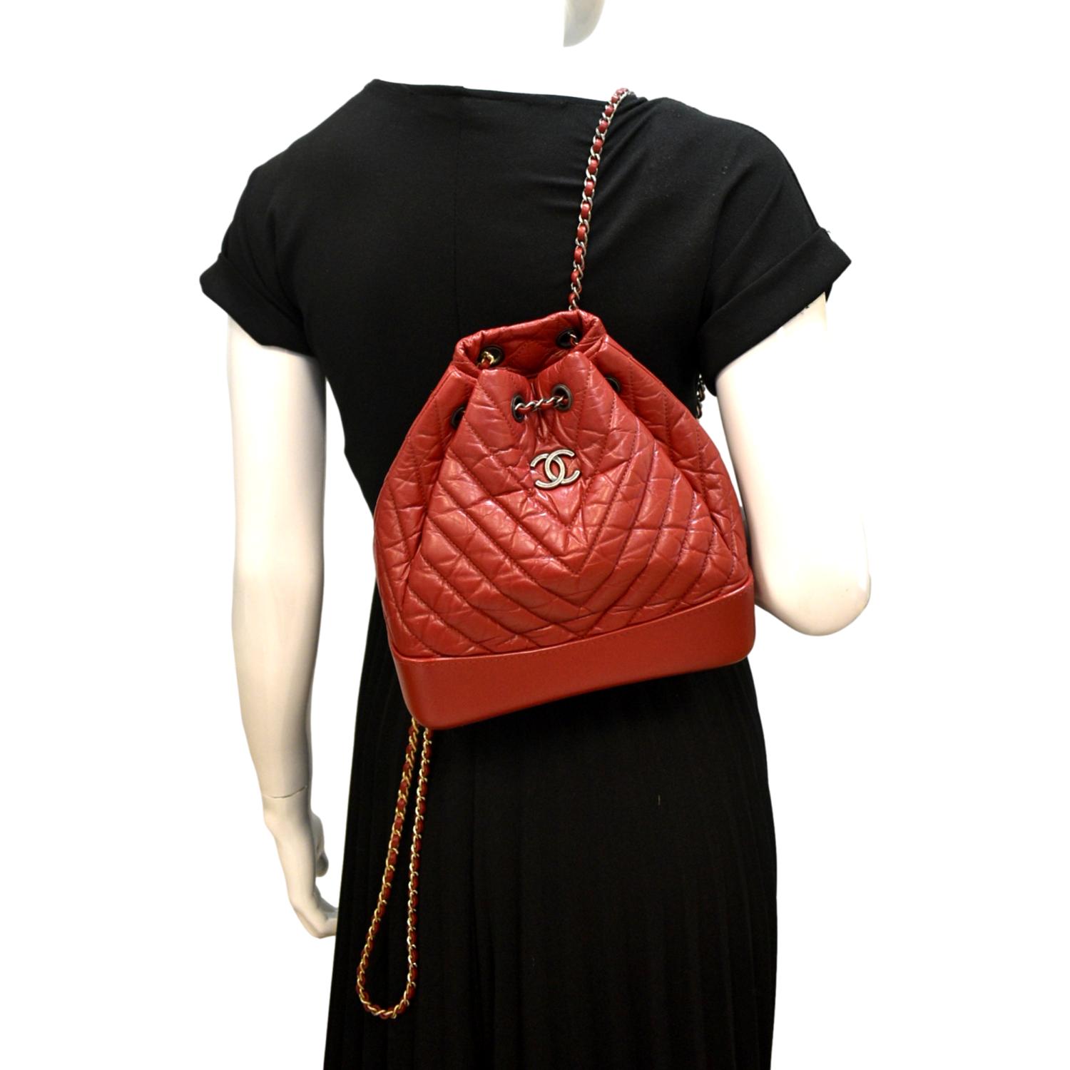 chanel red quilted caviar leather backpack bag CHANEL Gabrielle Chevron Aged Calfskin Leather Backpack Bag Red