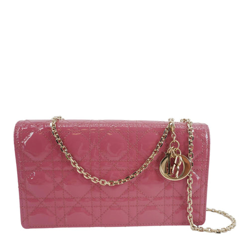 CHRISTIAN DIOR Lady Dior Patent Cannage Leather Chain Pouch Bag Pink