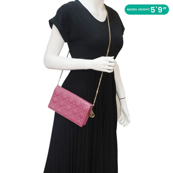 CHRISTIAN DIOR Lady Dior Patent Cannage Leather Chain Pouch Bag Pink