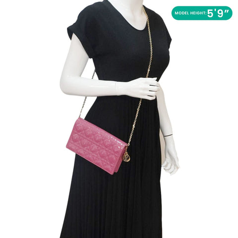 CHRISTIAN DIOR Lady Dior Patent Cannage Leather Chain Pouch Bag Pink