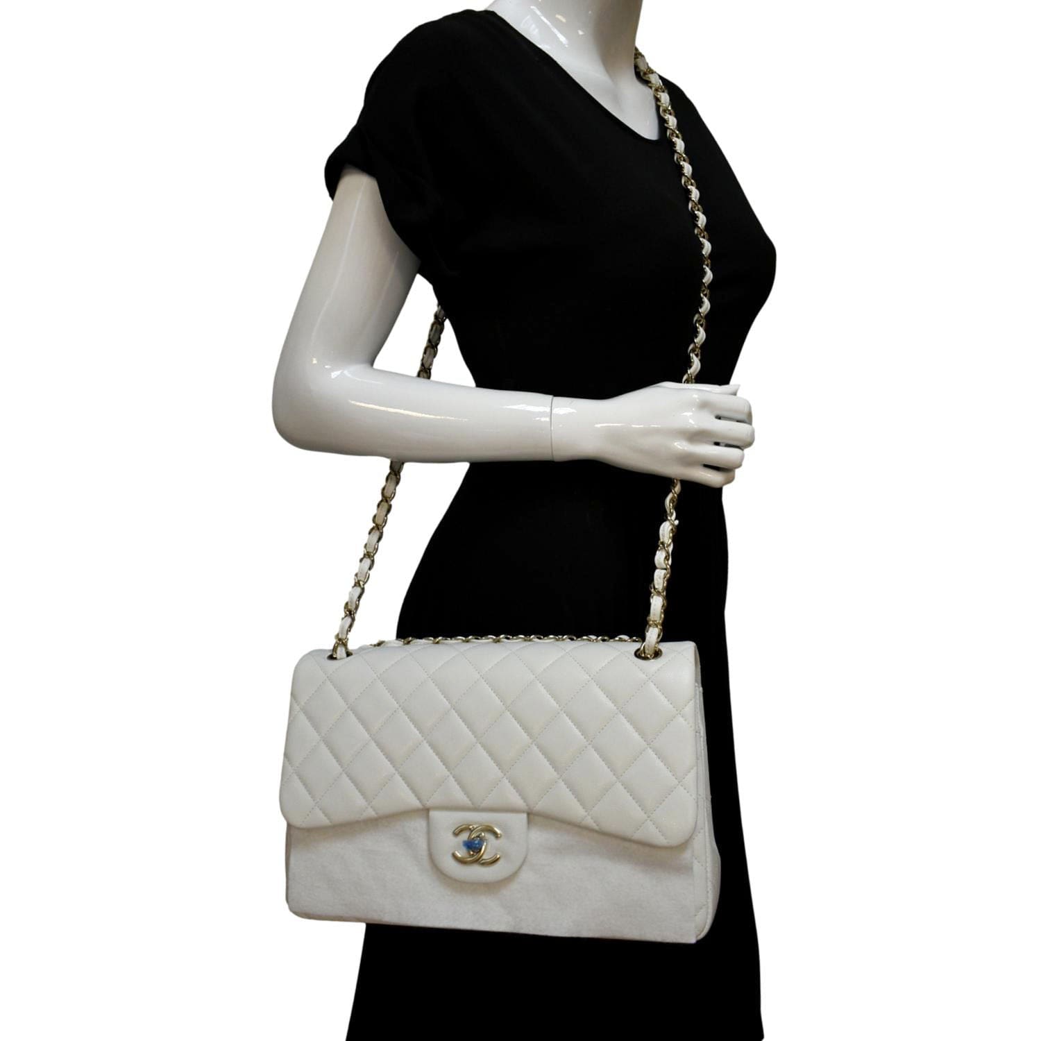 Mini flap bag, Calfskin & gold-tone metal, white — Fashion