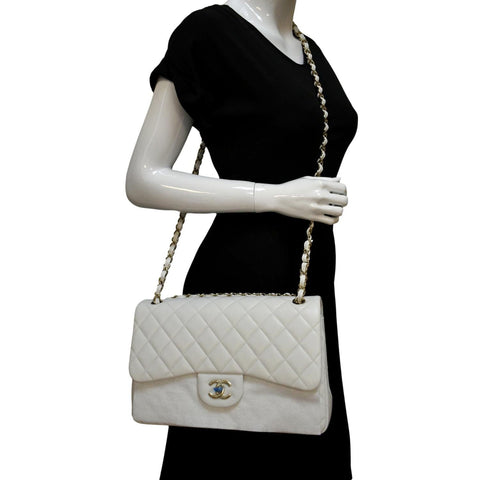 Chanel White Quilted Caviar Leather Jumbo Flap Shoulder Bag
