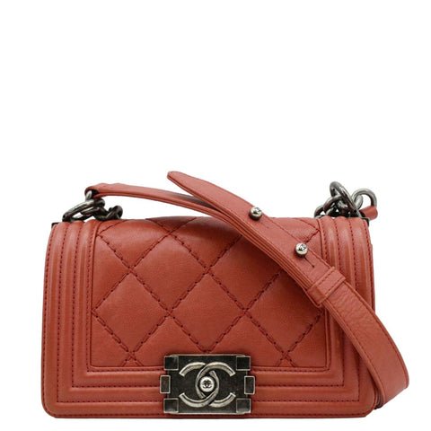 CHANEL Double Stitch Small Boy Flap Quilted Leather Shoulder Bag Red