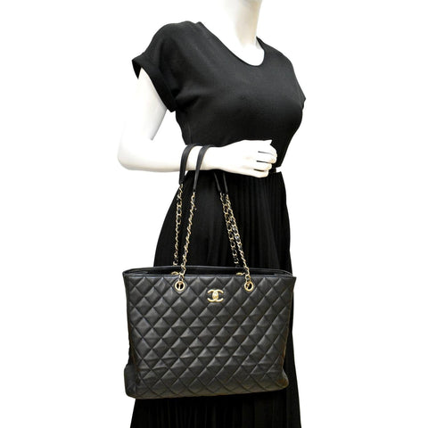 CHANEL Large Classic Shopping Quilted Leather Tote Bag Black