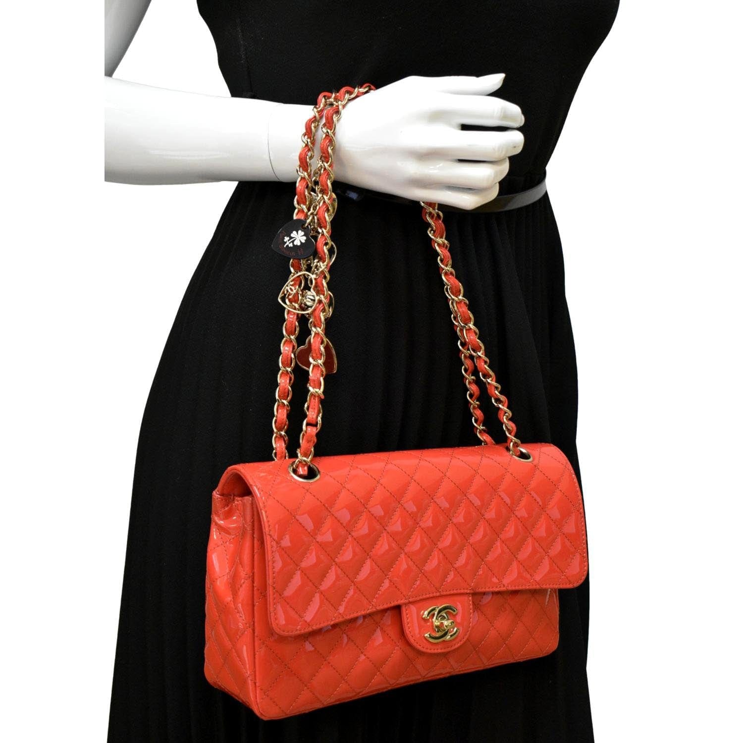 CHANEL Valentines Classic Flap Quilted Patent Leather Shoulder Bag Red