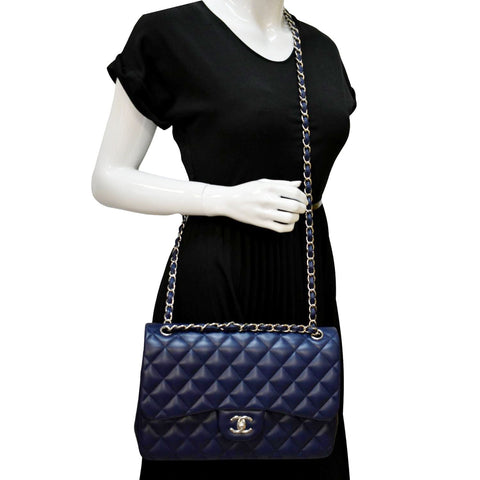 CHANEL Classic Jumbo Double Flap Quilted Caviar Leather Shoulder Bag Blue