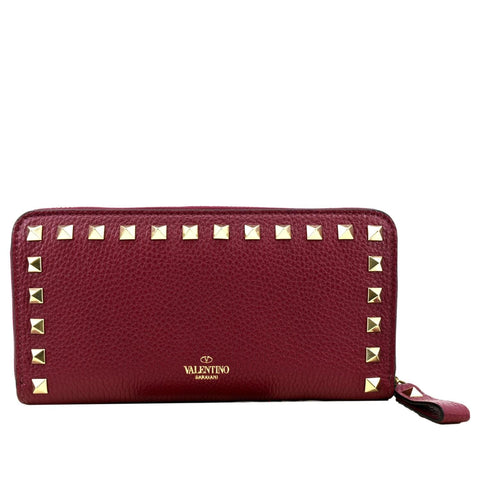 VALENTINO Rockstud Leather Zip Around Wallet Red