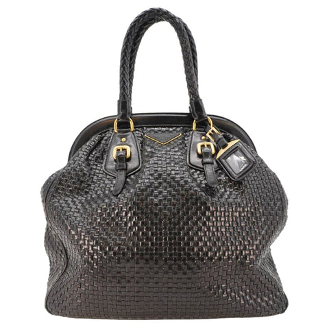 PRADA Frame Woven Madra Leather Tote Bag Black