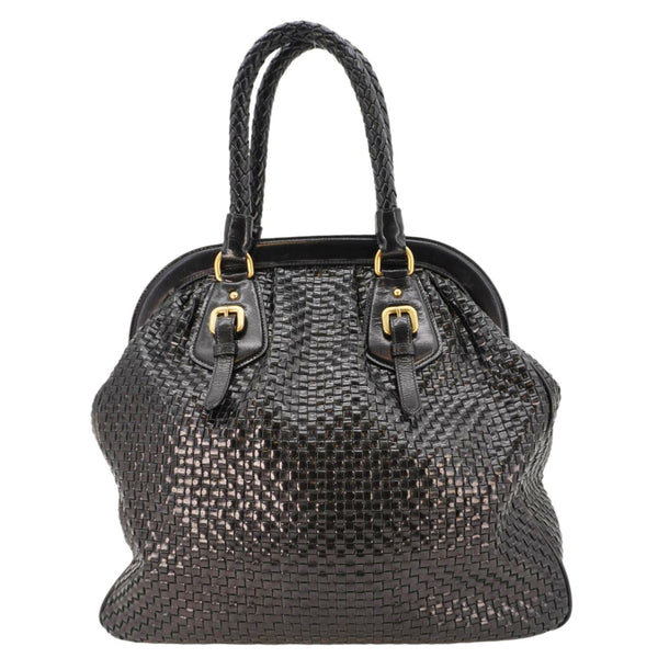 PRADA Frame Woven Madra Leather Tote Bag Black