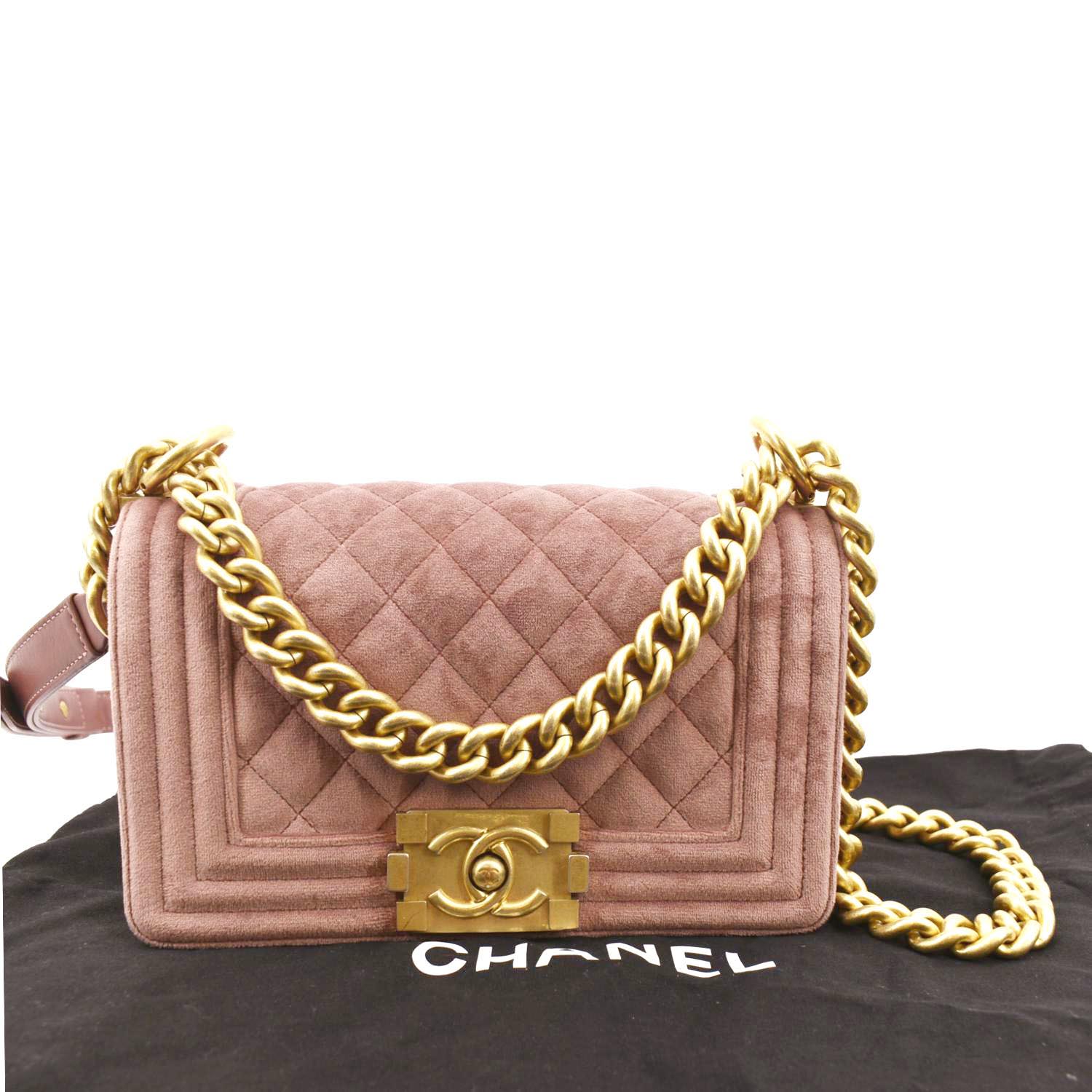 CHANEL Small Boy CC Chain Velvet Shoulder Bag Pink