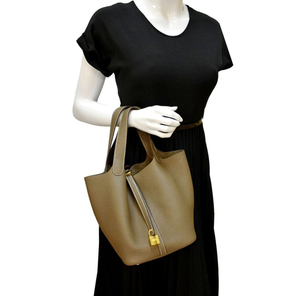 HERMES Picotin Lock 18 PM Taurillon Clemence Leather Bag Etoupe