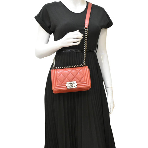 CHANEL Double Stitch Small Boy Flap Quilted Leather Shoulder Bag Red