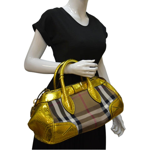 BURBERRY Blaze Nova Check Canvas Satchel Bag Gold