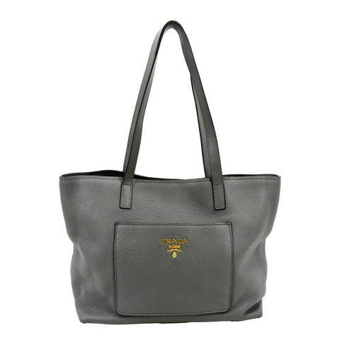 PRADA Vitello Daino Leather Tote Bag Dark Grey