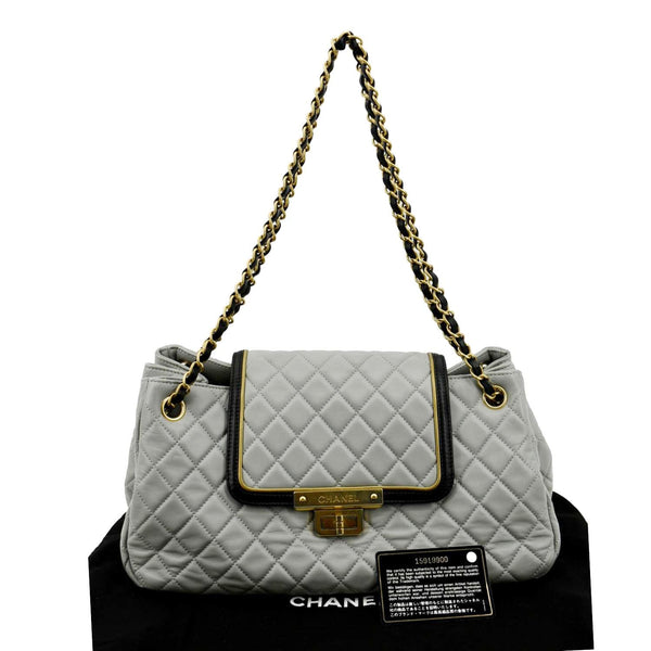 CHANEL East West Accordion Flap Quilted Calfskin Leather Shoulder Bag Grey